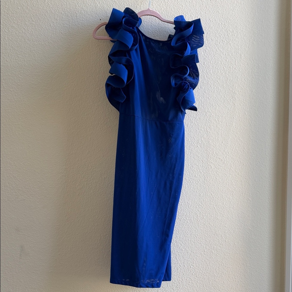 Elegant Midi Royal Blue Ruffle Backless Dress Size Size S